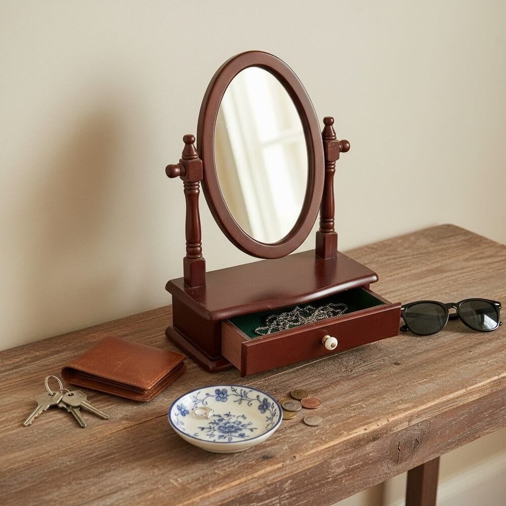 Vintage Style Vanity Mirror w Drawer-Traditional Tabletop-Mahogany Tone-Classic - Picture 4 of 10